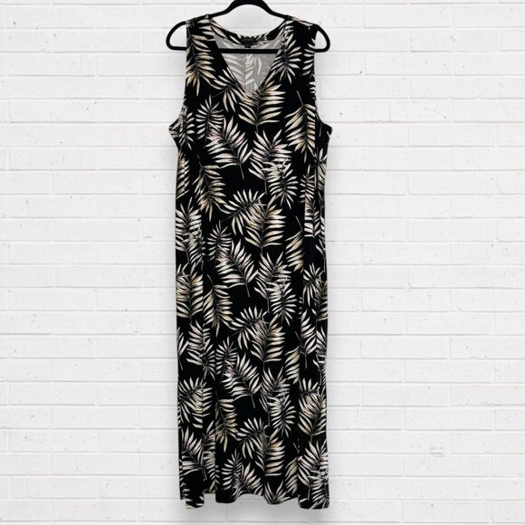 J JILL Wherever Sleeveless V-Neck Maxi Dress Black Beige Leaf Print Pattern XL - Picture 2 of 8